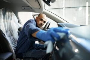Car interior before detailing service in Morris County